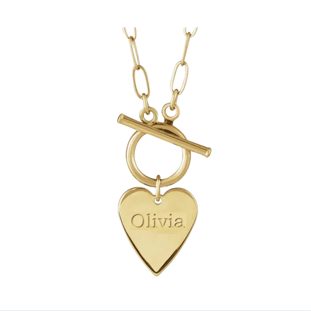 14K Solid Gold Heart with Engraving: 'Olivia' Toggle Necklace