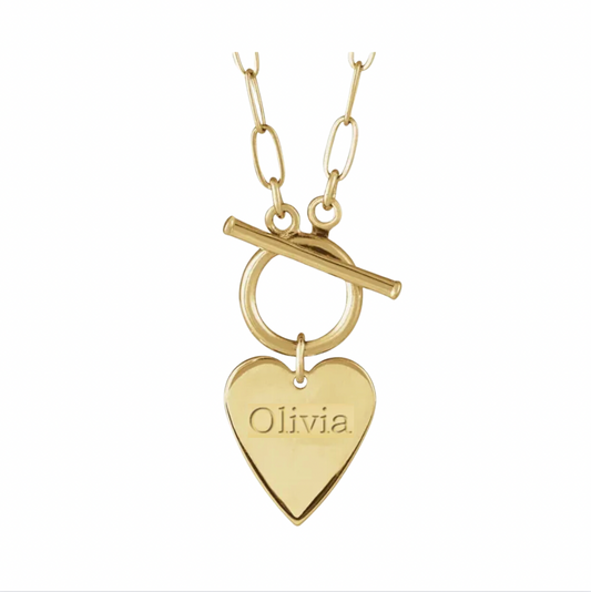 14K Solid Gold Heart with Engraving: 'Olivia' Toggle Necklace