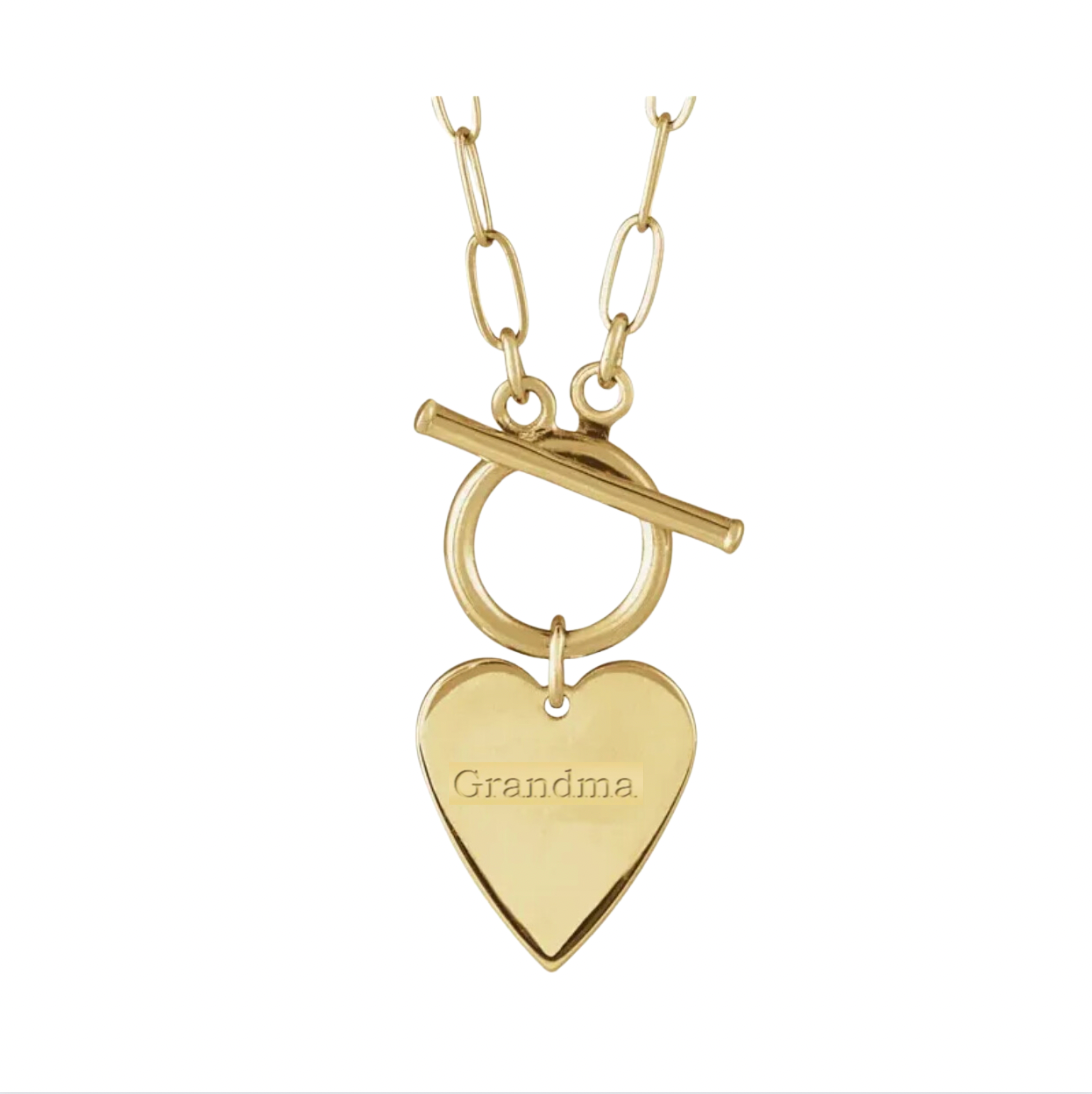 14K Solid Gold Engravable 'Grandma' Heart Toggle Necklace