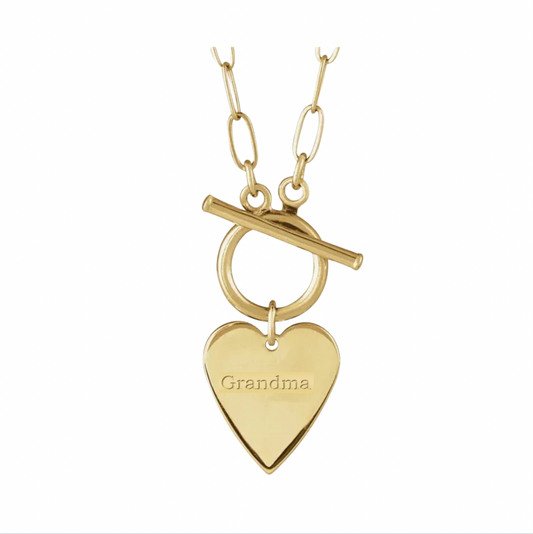 14K Solid Gold Engravable 'Grandma' Heart Toggle Necklace