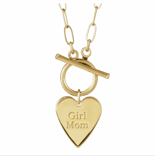 14K Solid Gold Engravable 'Girl Mom' Heart Toggle Necklace