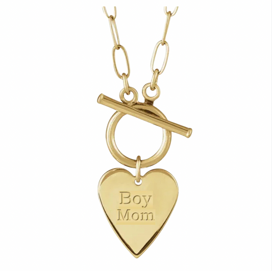 14K Solid Gold Engravable 'Boy Mom' Heart Toggle Necklace