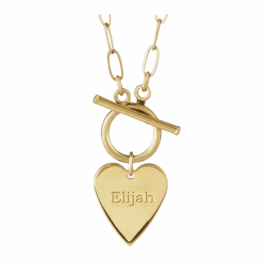 14K Solid Gold Heart with Engraving: 'Elijah' Toggle Necklace
