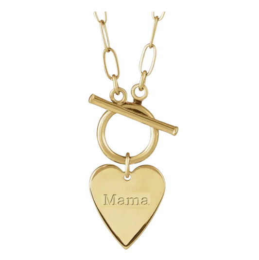 14K Solid Gold Engravable 'Mama' Heart Toggle Necklace