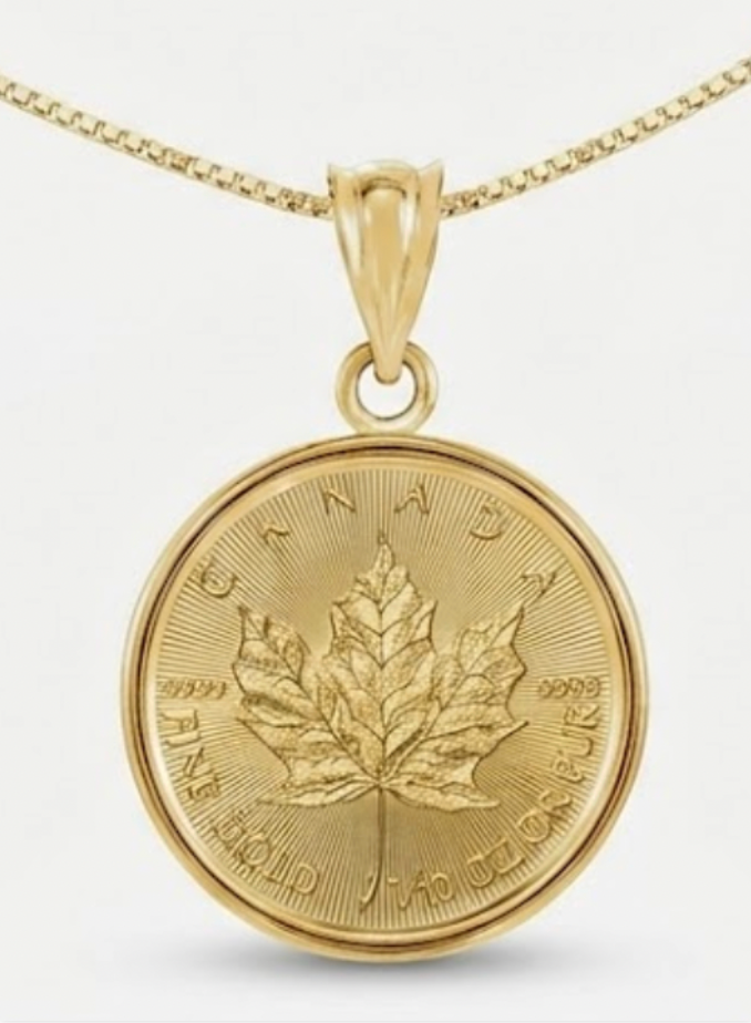 1/10OZ 24K Gold Canadian Maple Leaf Coin w/ 14K Frame and 14KGF 16-22" Box Chain