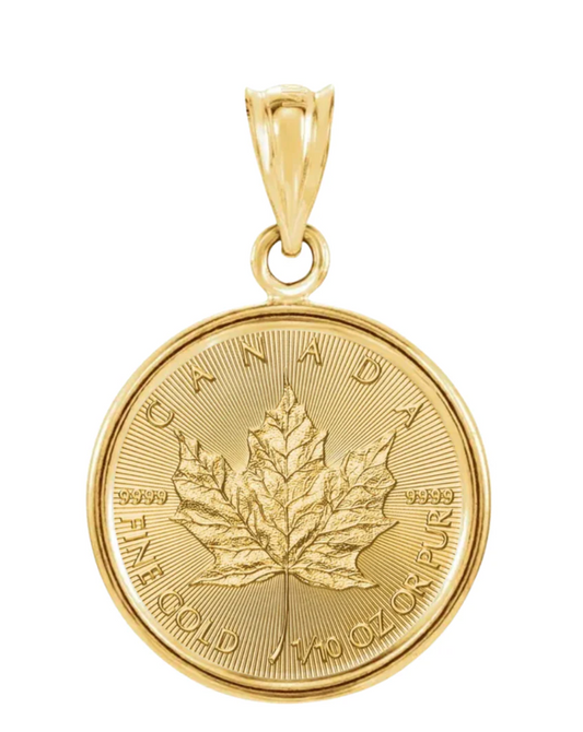 1/10OZ 24K Canadian Gold Maple Leaf Coin with 14K Frame and 1mm 16" Bead Chain