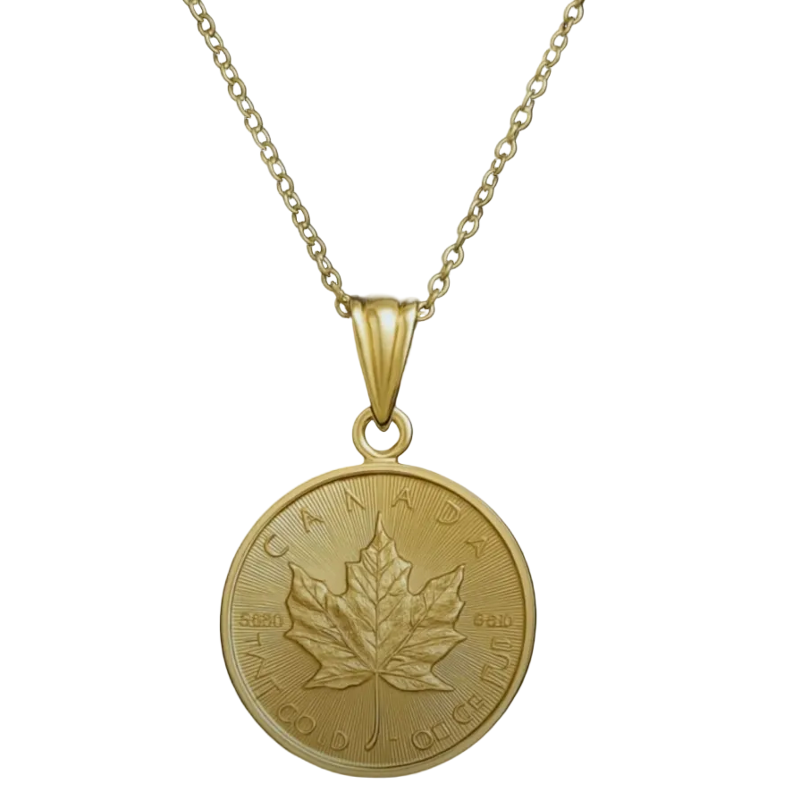 1/10 oz .9999 Pure 24K Maple Gold Bullion with 14K Frame and Chain