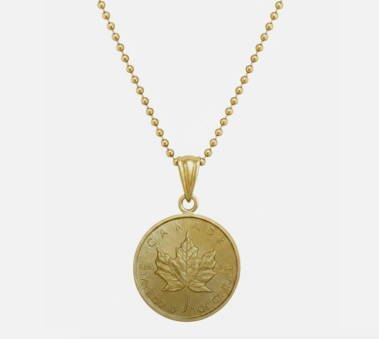 1/10OZ 24K Canadian Gold Maple Leaf Coin with 14K Frame and 1mm 16" Bead Chain