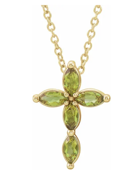 14K Gold Natural Peridot Cross Necklace