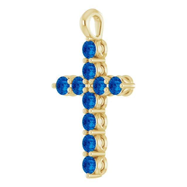 14K Gold Natural Blue Sapphire Cross Necklace